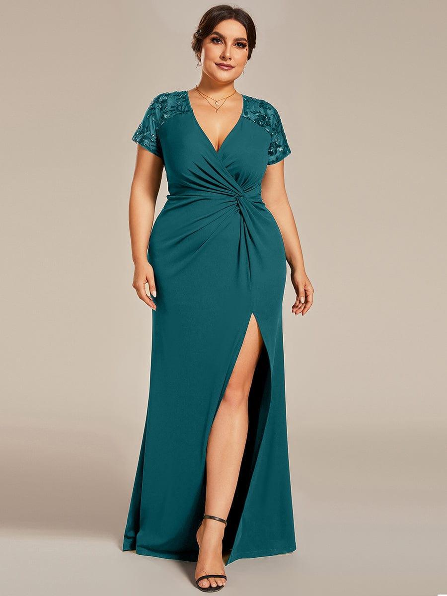 ever GILDED|Deep V-Neck Sequin Short Sleeve High Side Front Slit Mother of the Bride Dresses