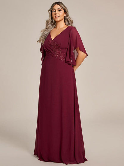 pretty LORIE|Graceful Plus Size A-line Ruffles Sleeve Chiffon Mother of the Bride Dress with Applique