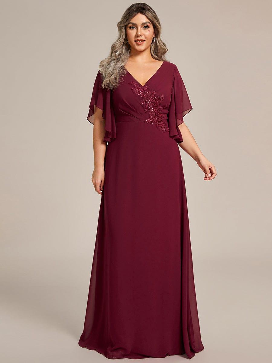 pretty LORIE|Graceful Plus Size A-line Ruffles Sleeve Chiffon Mother of the Bride Dress with Applique