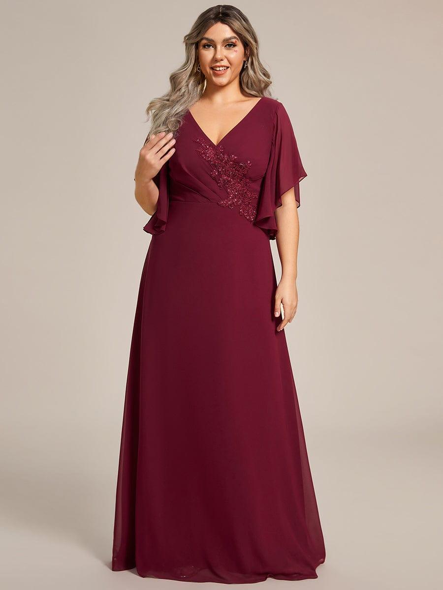 pretty LORIE|Graceful Plus Size A-line Ruffles Sleeve Chiffon Mother of the Bride Dress with Applique