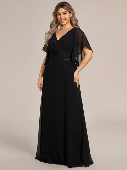 pretty LORIE|Graceful Plus Size A-line Ruffles Sleeve Chiffon Mother of the Bride Dress with Applique