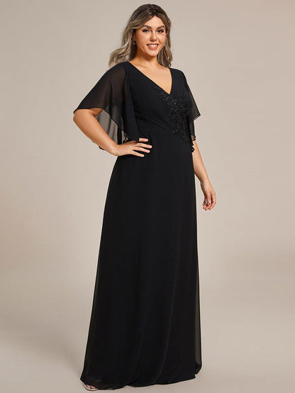 pretty LORIE|Graceful Plus Size A-line Ruffles Sleeve Chiffon Mother of the Bride Dress with Applique