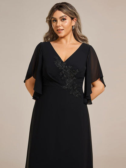 pretty LORIE|Graceful Plus Size A-line Ruffles Sleeve Chiffon Mother of the Bride Dress with Applique