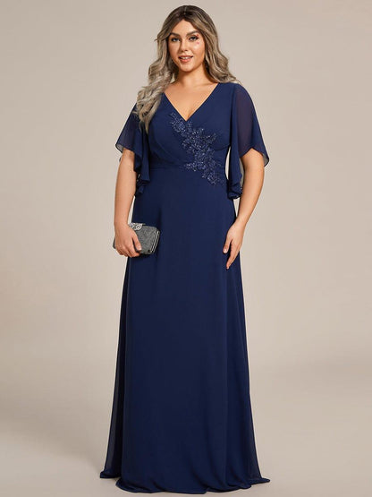 pretty LORIE|Graceful Plus Size A-line Ruffles Sleeve Chiffon Mother of the Bride Dress with Applique