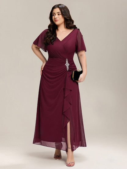 pretty MARIEL|Plus Size Rhinestone Embellished Chiffon Ruffle Sleeve Dress