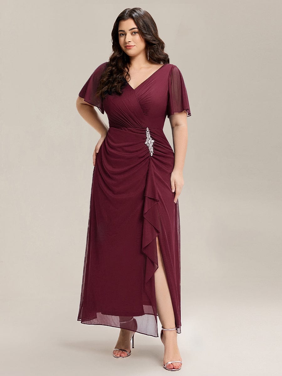 pretty MARIEL|Plus Size Rhinestone Embellished Chiffon Ruffle Sleeve Dress