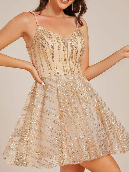 ever NATASHIA|Sequin A-Line Spaghetti Strap Mini Homecoming Prom Dress