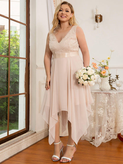 ever COSTA|Deep V-Neck Lace Chiffon Bridesmaid Dress with Asymmetrical Hem