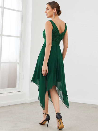ever COSTA|Deep V-Neck Lace Chiffon Bridesmaid Dress with Asymmetrical Hem