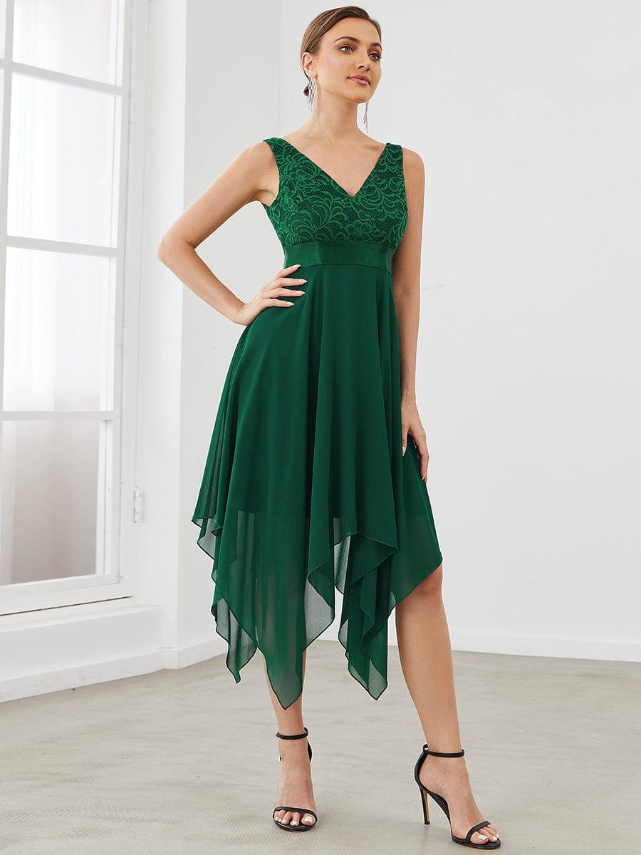 ever COSTA|Deep V-Neck Lace Chiffon Bridesmaid Dress with Asymmetrical Hem