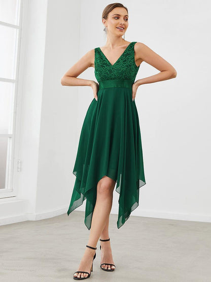 ever COSTA|Deep V-Neck Lace Chiffon Bridesmaid Dress with Asymmetrical Hem