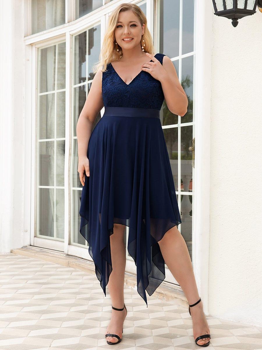 ever COSTA|Deep V-Neck Lace Chiffon Bridesmaid Dress with Asymmetrical Hem