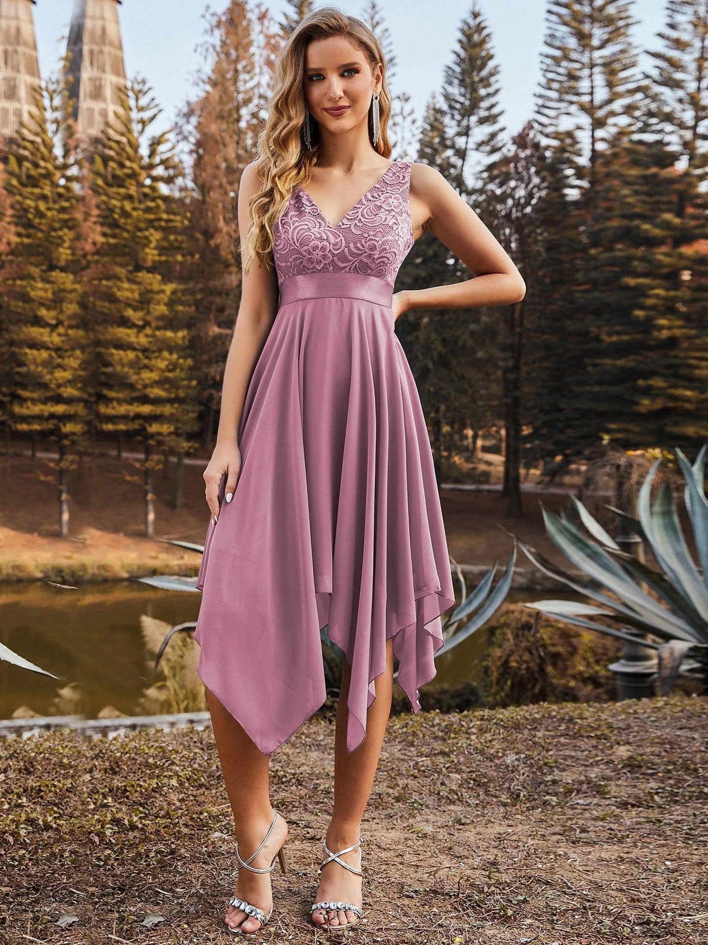 ever COSTA|Deep V-Neck Lace Chiffon Bridesmaid Dress with Asymmetrical Hem