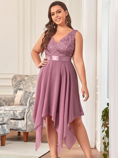ever COSTA|Deep V-Neck Lace Chiffon Bridesmaid Dress with Asymmetrical Hem