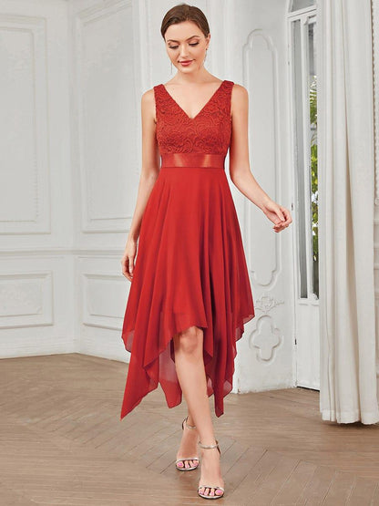 ever COSTA|Stunning V Neck Lace Dress with Asymmetrical Hems