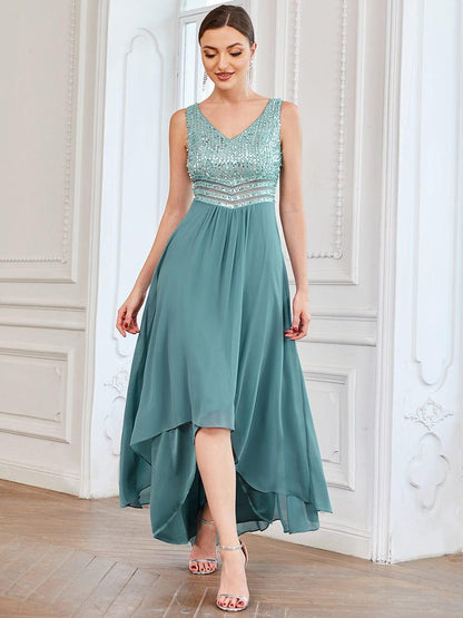Sexy High-Low Maxi Chiffon Evening Dresses with Sequin