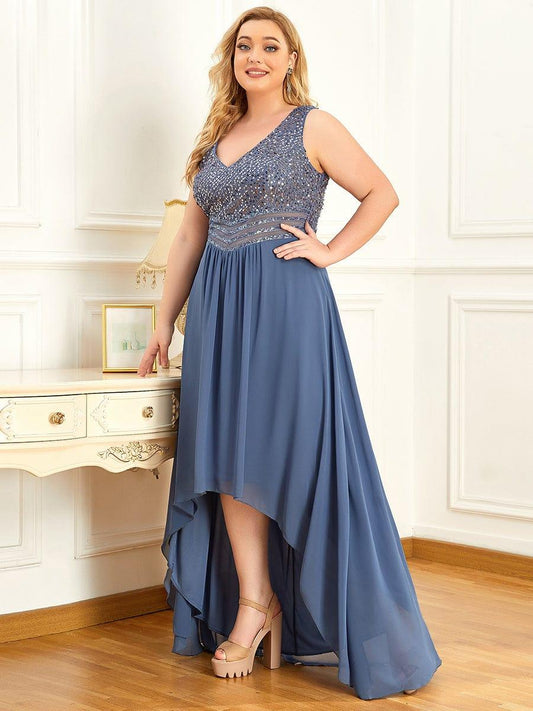 Elegant Paillette & Chiffon V-neck A-line Sleeveless Plus Size Formal Evening Dresses