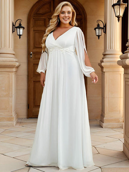 ever AMOUR|V-Neck Long Split Sleeve Empire Waist Applique Wedding Dress