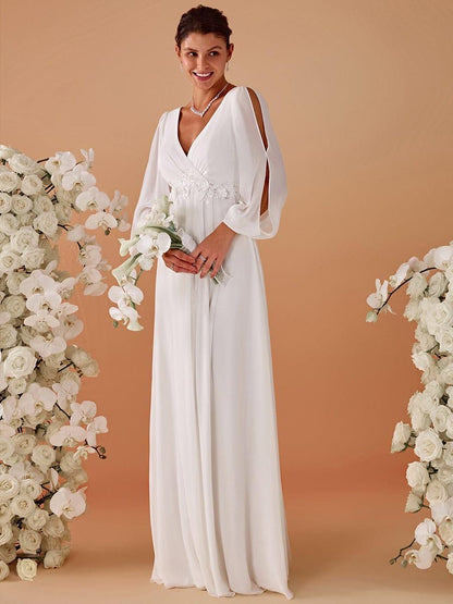 ever AMOUR|V-Neck Long Split Sleeve Empire Waist Applique Wedding Dress