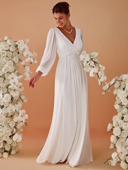 ever AMOUR|V-Neck Long Split Sleeve Empire Waist Applique Wedding Dress