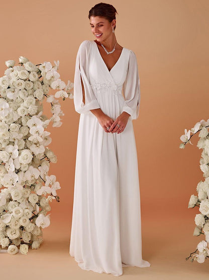 ever AMOUR|V-Neck Long Split Sleeve Empire Waist Applique Wedding Dress