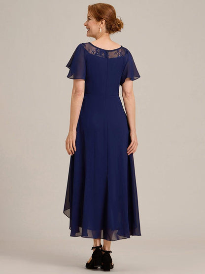 Chiffon Ruffle Sleeves Asymmetrical Hem Mother of the Bride Dress