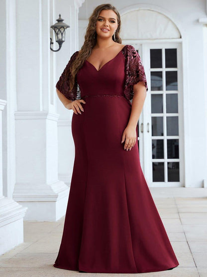 pretty SLOANE|Elegant Plus Size V Neck Fishtail Evening Dress for Women