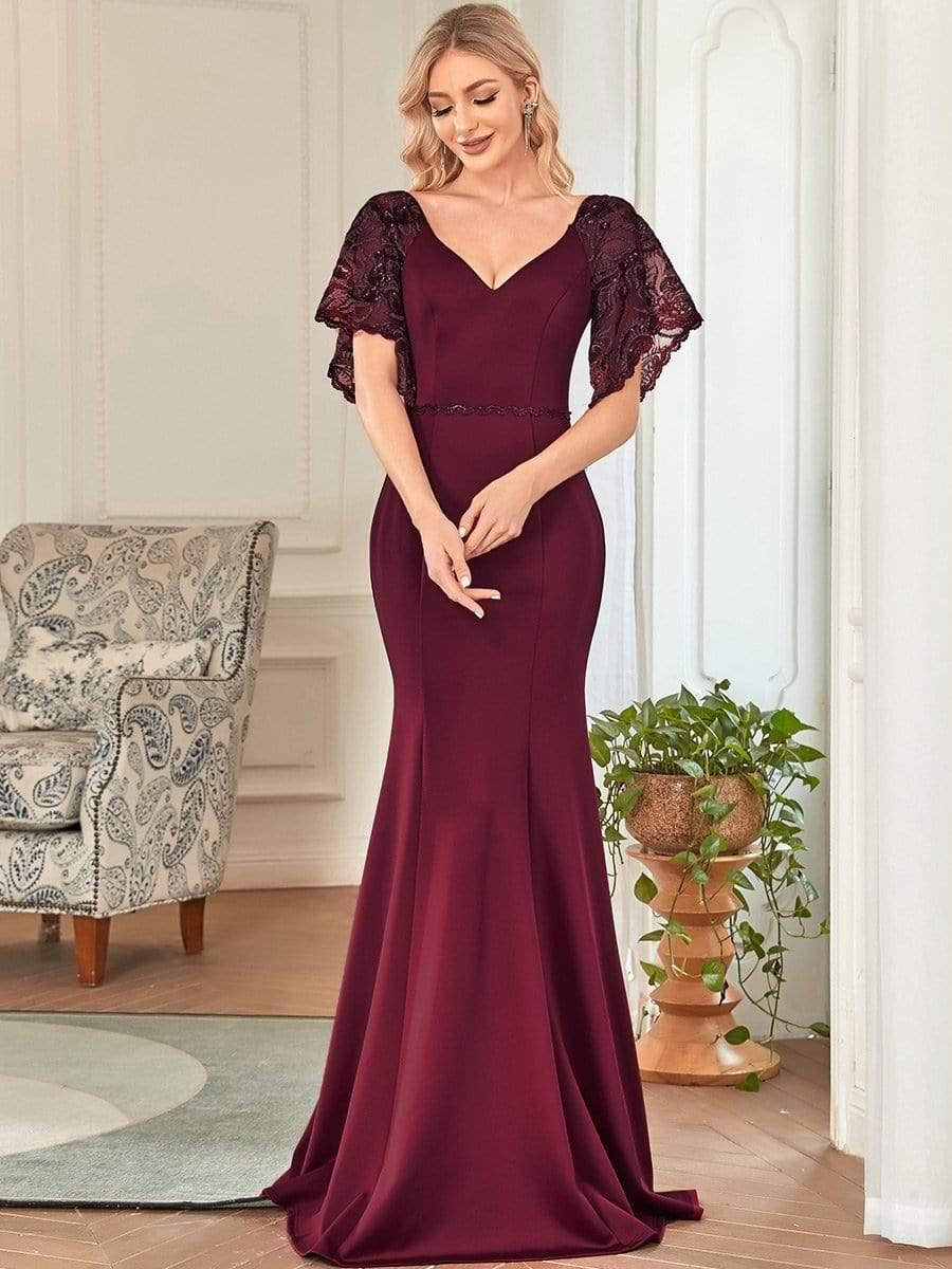 ever SLOANE|Sexy V Neck Maxi Bodycon Evening Dress with Flare Sleeves