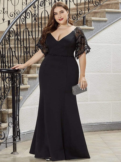 pretty SLOANE|Elegant Plus Size V Neck Fishtail Evening Dress for Women