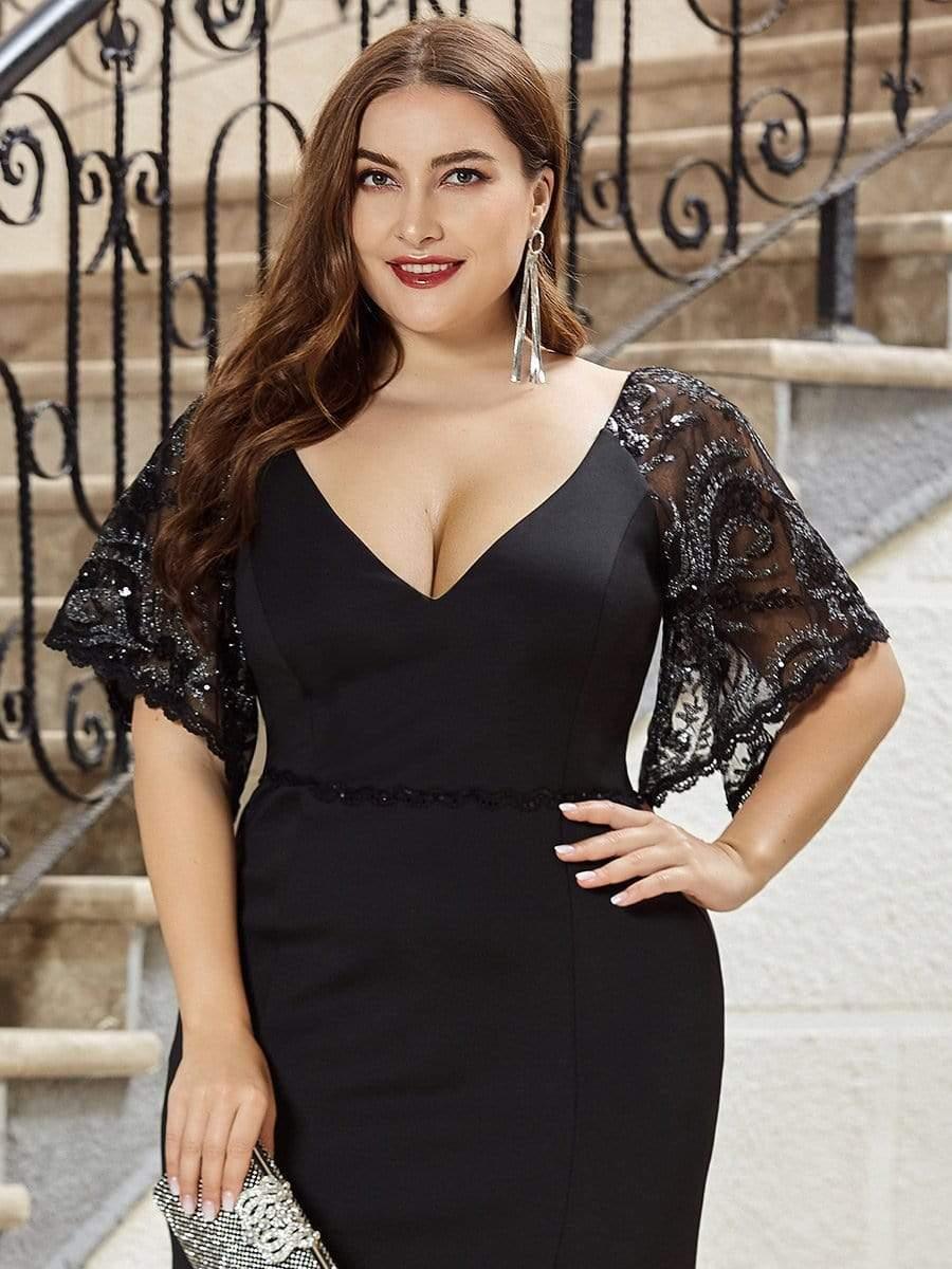 pretty SLOANE|Elegant Plus Size V Neck Fishtail Evening Dress for Women
