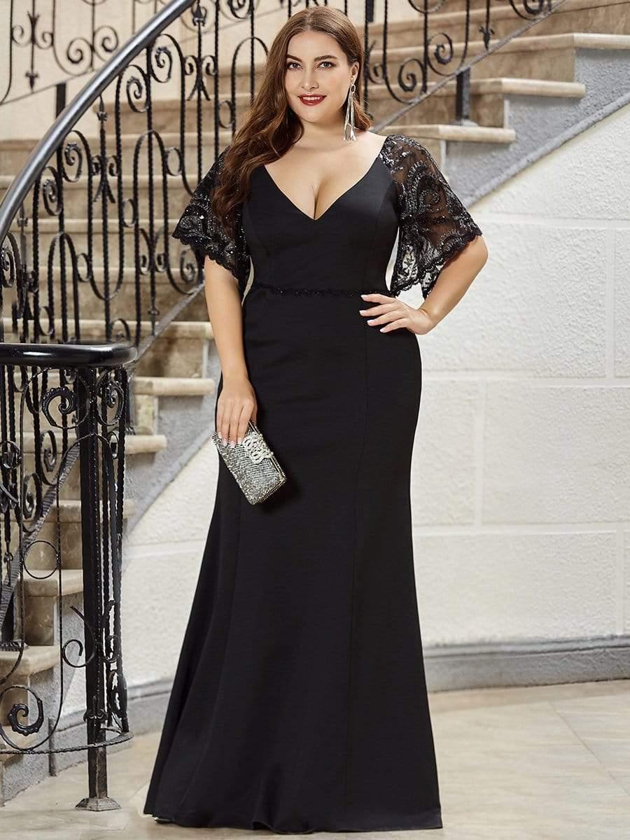 pretty SLOANE|Elegant Plus Size V Neck Fishtail Evening Dress for Women