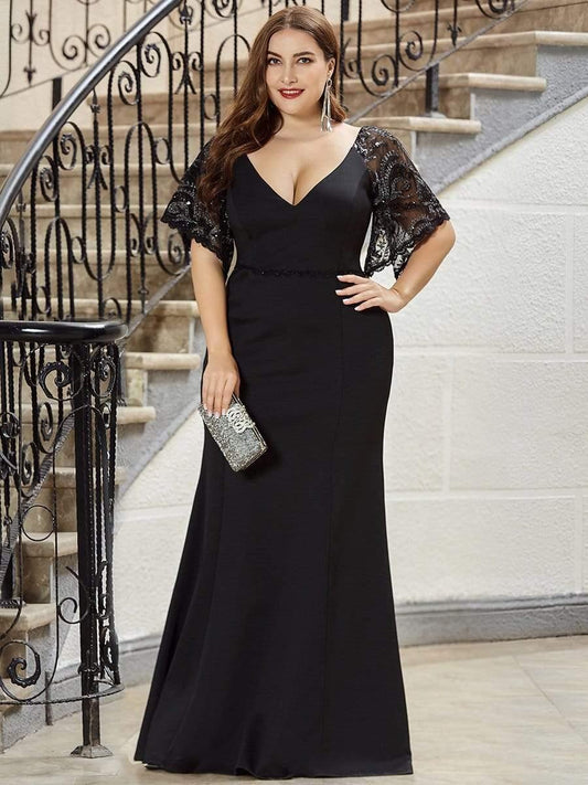 pretty SLOANE|Elegant Plus Size V Neck Fishtail Evening Dress for Women