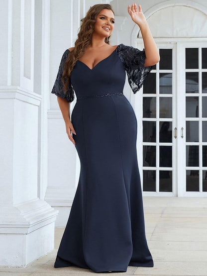 pretty SLOANE|Elegant Plus Size V Neck Fishtail Evening Dress for Women