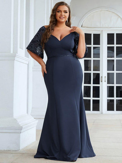 pretty SLOANE|Elegant Plus Size V Neck Fishtail Evening Dress for Women
