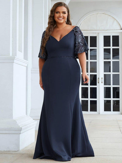 ever SLOANE|Sexy V Neck Maxi Bodycon Evening Dress with Flare Sleeves