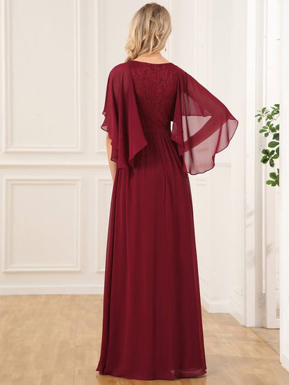 Deep V Neck Lace Bodice Long Flowy Evening Dress
