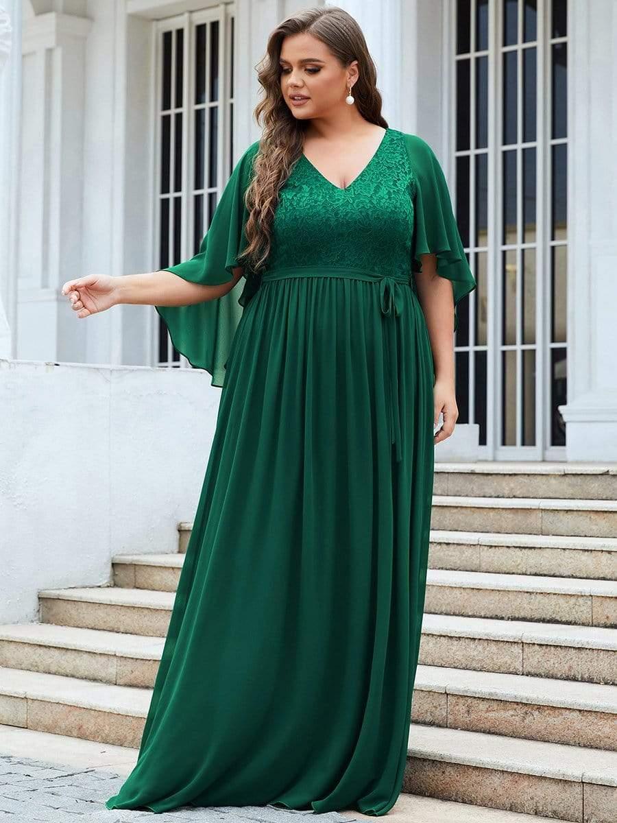 Plus Size Deep V Neck Lace Bodice Long Flowy Evening Dress