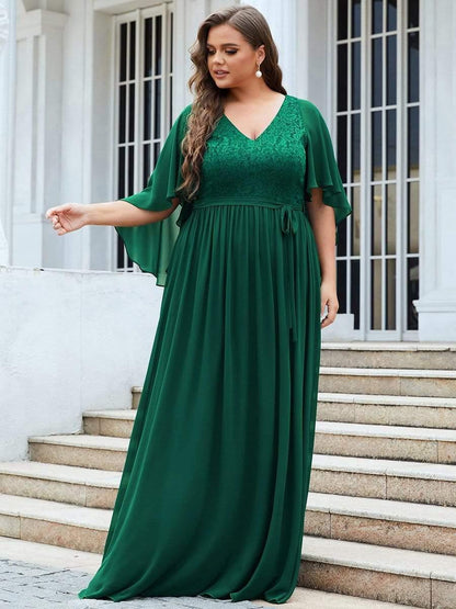 Plus Size Deep V Neck Lace Bodice Long Flowy Evening Dress