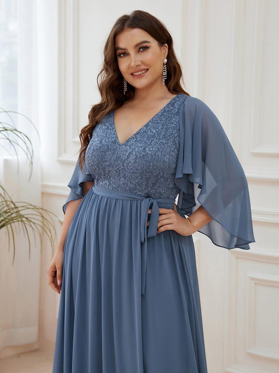 Plus Size Deep V Neck Lace Bodice Long Flowy Evening Dress