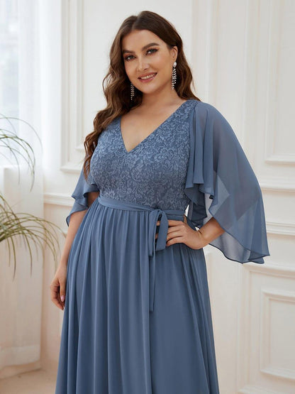 Plus Size Deep V Neck Lace Bodice Long Flowy Evening Dress