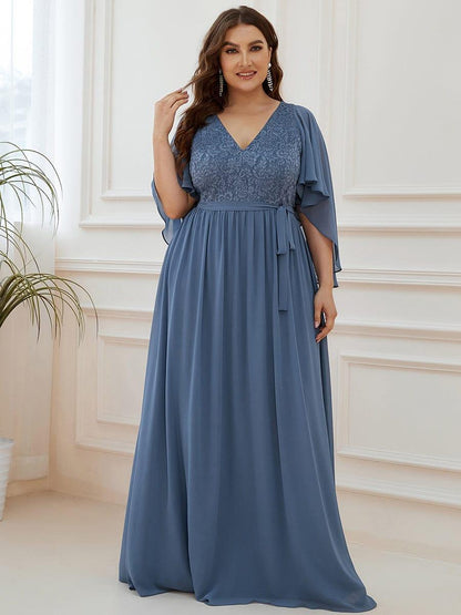 Plus Size Deep V Neck Lace Bodice Long Flowy Evening Dress