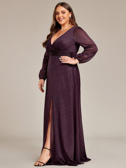 Plus Size V-Neck Shiny Puff Sleeve Evening Dress for Women