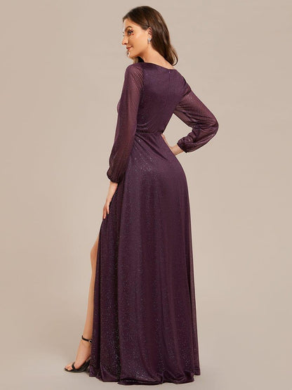 Women's Sexy Long Sleeve V-Neck Shiny Evening Dress