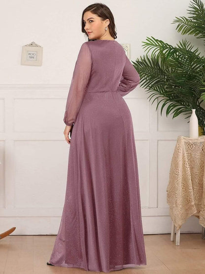 Plus Size V-Neck Shiny Puff Sleeve Evening Dress for Women