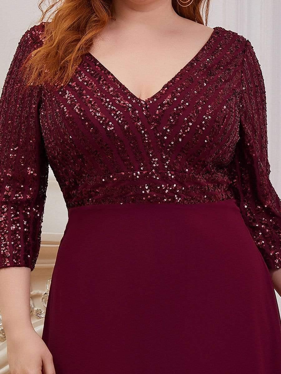 pretty LUENA|Plus Size V Neck A-Line Sequin Formal Evening Dress with Sleeve