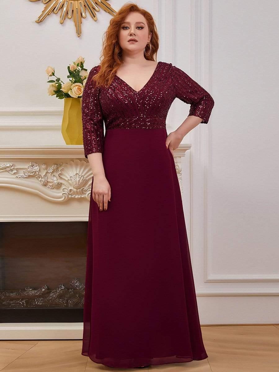 pretty LUENA|Plus Size V Neck A-Line Sequin Formal Evening Dress with Sleeve