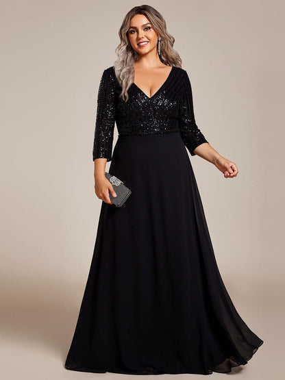 pretty LUENA|Plus Size V Neck A-Line Sequin Formal Evening Dress with Sleeve
