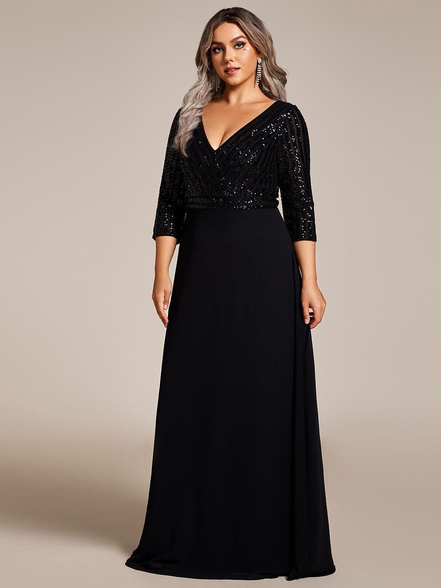 pretty LUENA|Plus Size V Neck A-Line Sequin Formal Evening Dress with Sleeve
