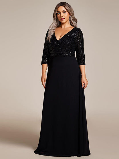 pretty LUENA|Plus Size V Neck A-Line Sequin Formal Evening Dress with Sleeve