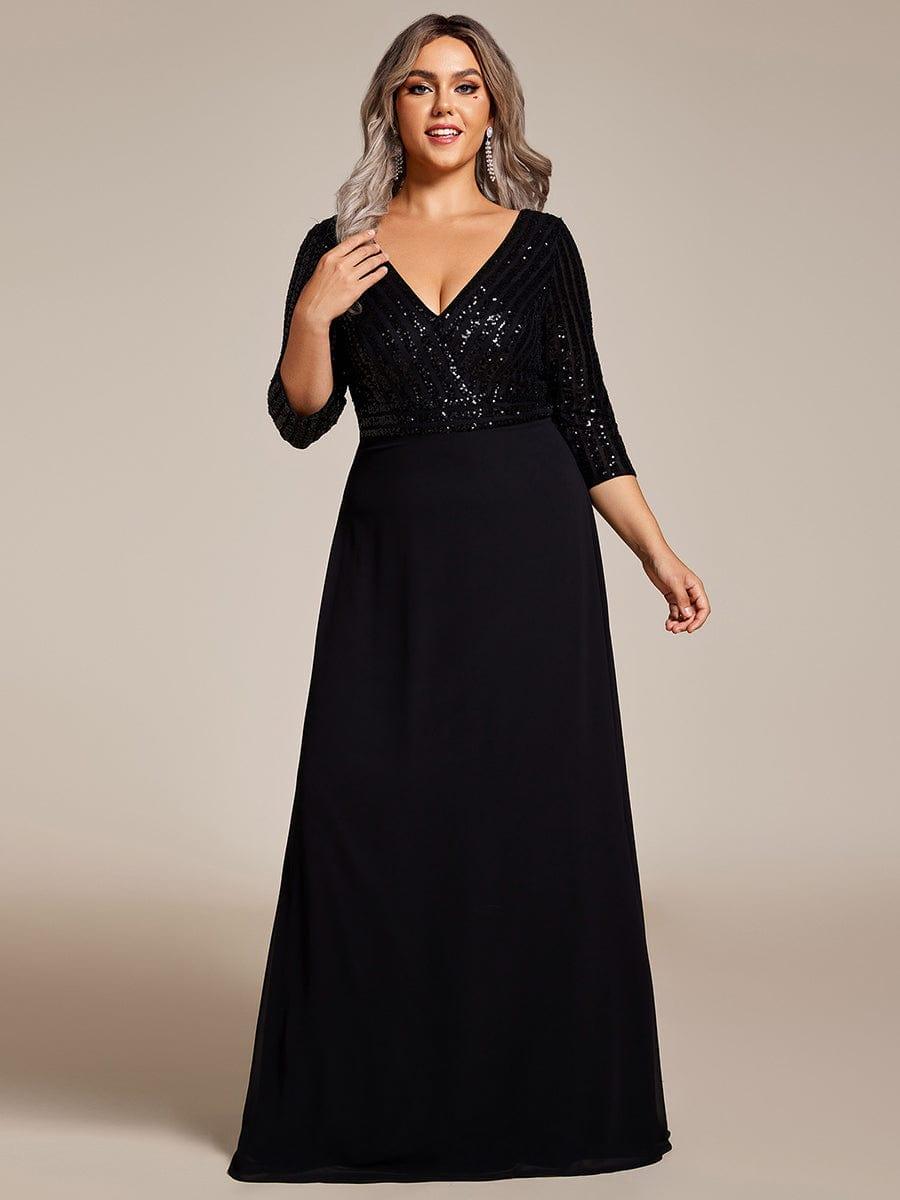 pretty LUENA|Plus Size V Neck A-Line Sequin Formal Evening Dress with Sleeve